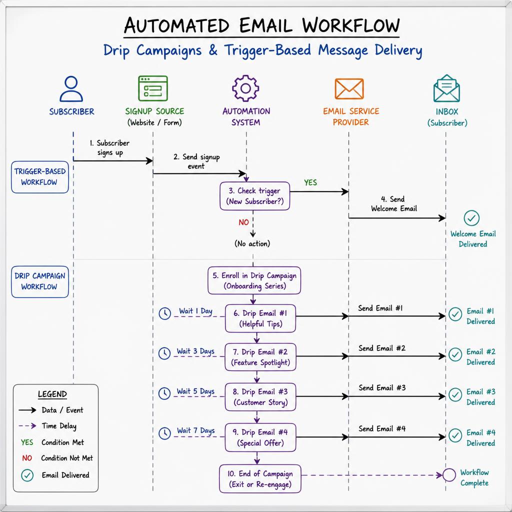 Automated email workflow sequence diagram showing drip campaigns and trigger-based message delivery on a clean whiteboard